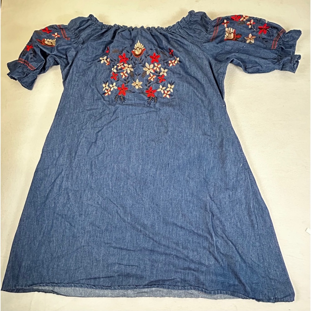 Denim Off‎ Shoulder Embroidered Floral Dress Women's